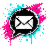 A digital graphic icon of a black speech bubble with a white envelope symbol, set against a vibrant background of pink and cyan paint splatters on a white canvas.