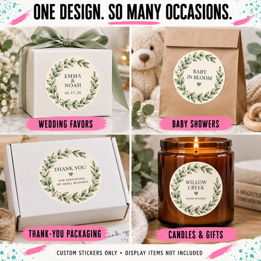 A promotional collage showing four examples of round custom gift stickers applied to different display items: a white wedding favor box, a brown kraft paper bag, a white thank-you box, and an amber glass candle jar. The top text reads 'ONE DESIGN.