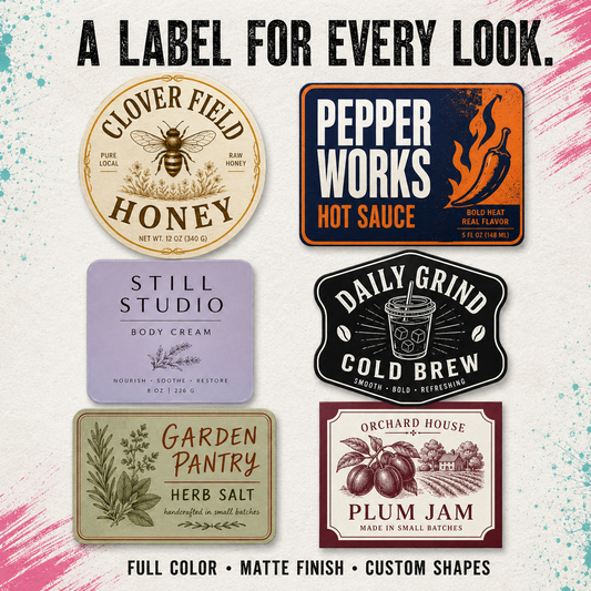 A promotional graphic showing six custom label designs with different shapes and colors, including Clover Field Honey, Pepper Works Hot Sauce, Still Studio Body Cream, Daily Grind Cold Brew, Garden Pantry Herb Salt, and Orchard House Plum Jam. Text at the top reads 'A LABEL FOR EVERY LOOK.