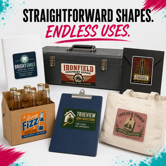 A promotional collage showing multiple customizable printed packaging and accessory items on a white background with colorful paint splashes. Visible items include a black hard case, a black envelope-style pouch, a cardboard beverage carrier with bottled drinks, a blue clipboard, and a cream canvas tote bag.