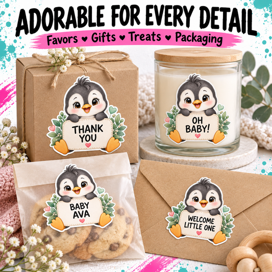 A collage of gift packaging and labels featuring a cute cartoon penguin holding a sign with phrases like 'THANK YOU,' 'BABY AVA,' and 'WELCOME LITTLE ONE.' The image shows a kraft gift box tied with twine, a glass candle jar with a wooden lid, a clear bag of cookies with a penguin label, and a kraft envelope.
