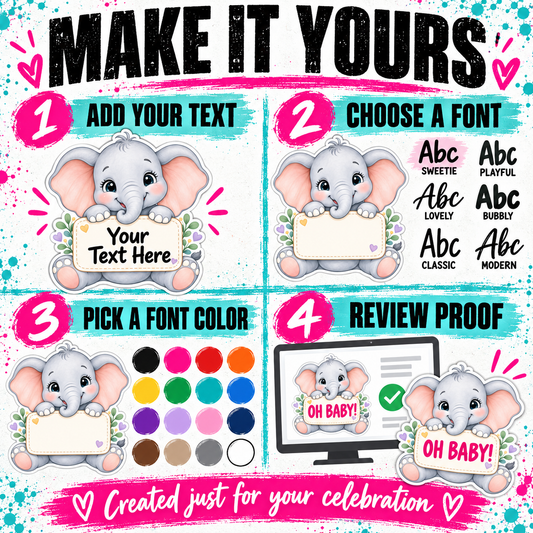 A digital graphic template showing a 4-step guide for personalizing an elephant-themed invitation or sticker. The graphic features a cute cartoon gray elephant holding a blank sign in each step.