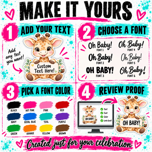 Personalized Giraffe Baby Shower Stickers | Custom Baby Name Favor Labels | Choose Your Font and Text Color