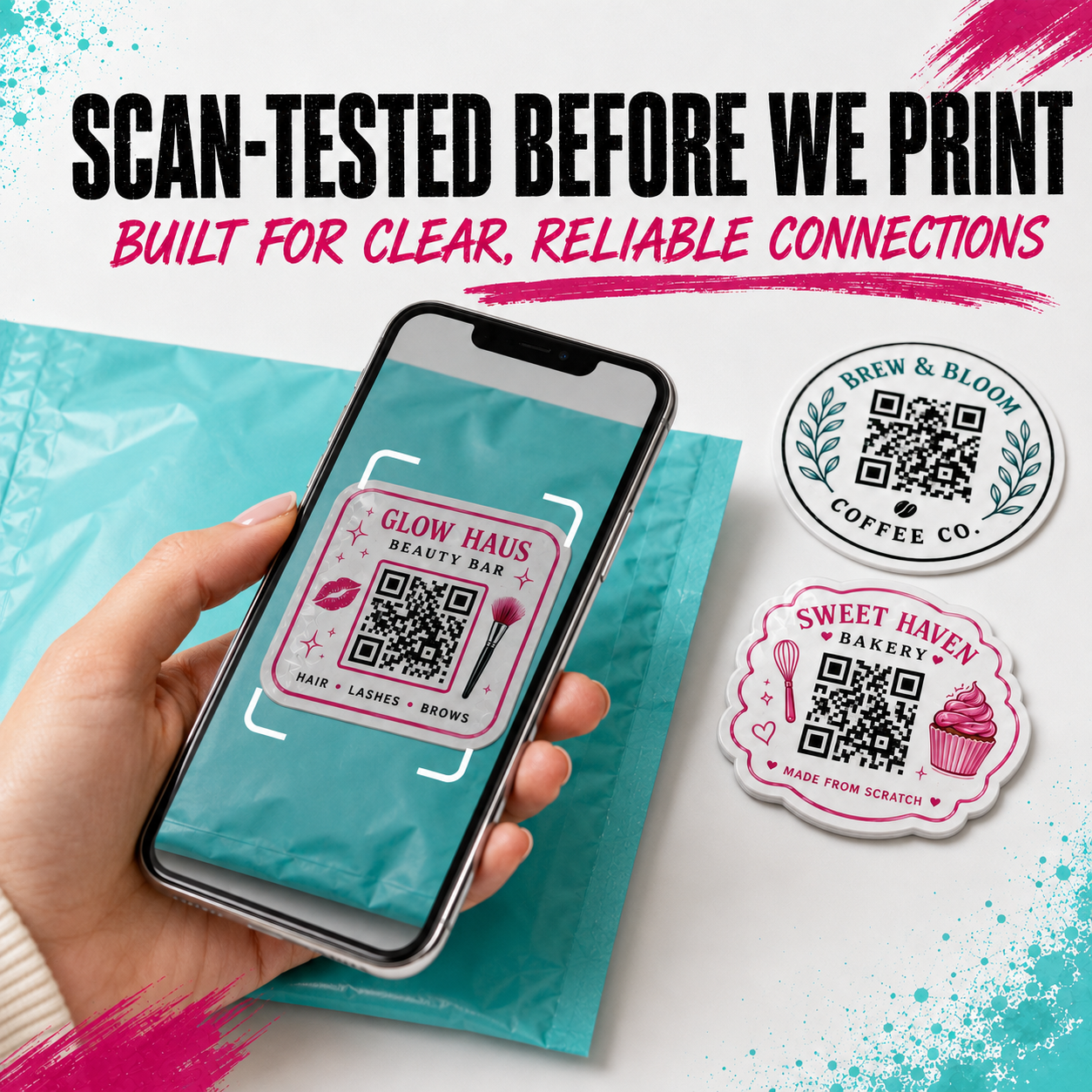 A hand holds a smartphone showing a printed sample label design over a teal pouch, with two circular sticker-style logo examples beside it and bold marketing text at the top reading 'SCAN-TESTED BEFORE WE PRINT' and 'BUILT FOR CLEAR, RELIABLE CONNECTIONS.'.