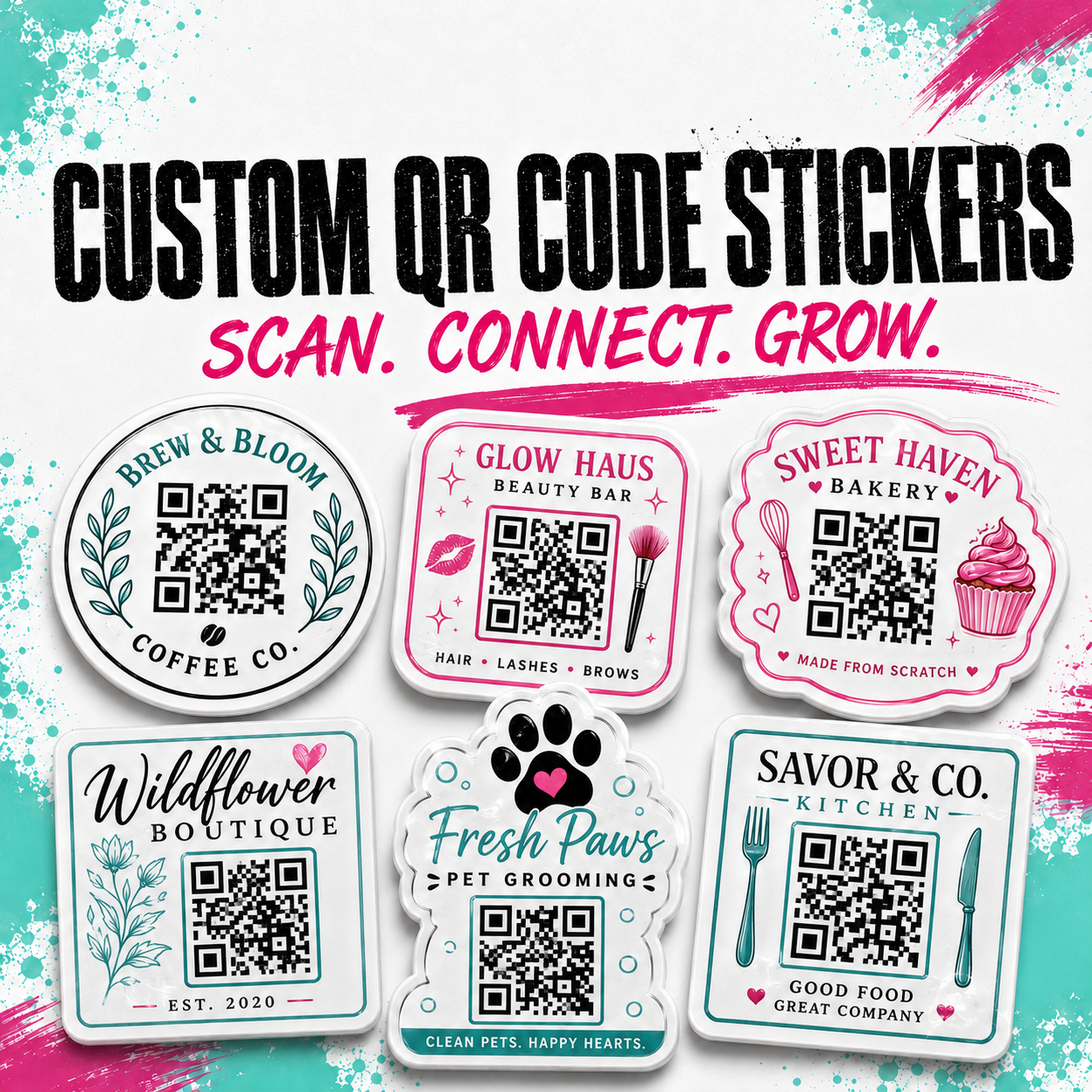 Custom QR code stickers displayed on a white background with colorful paint splatters. Large text at the top reads 'CUSTOM QR CODE STICKERS' and 'SCAN.