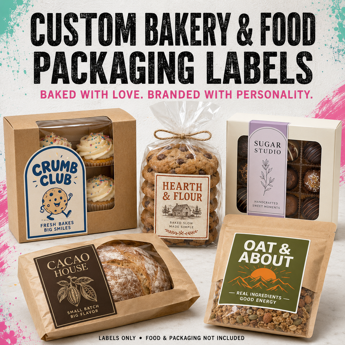 Custom bakery and food packaging labels shown with sample products including cupcakes, cookies, chocolates, and bread in brown paper and kraft boxes. Large text at the top reads 'CUSTOM BAKERY & FOOD PACKAGING LABELS' with smaller supporting text below.