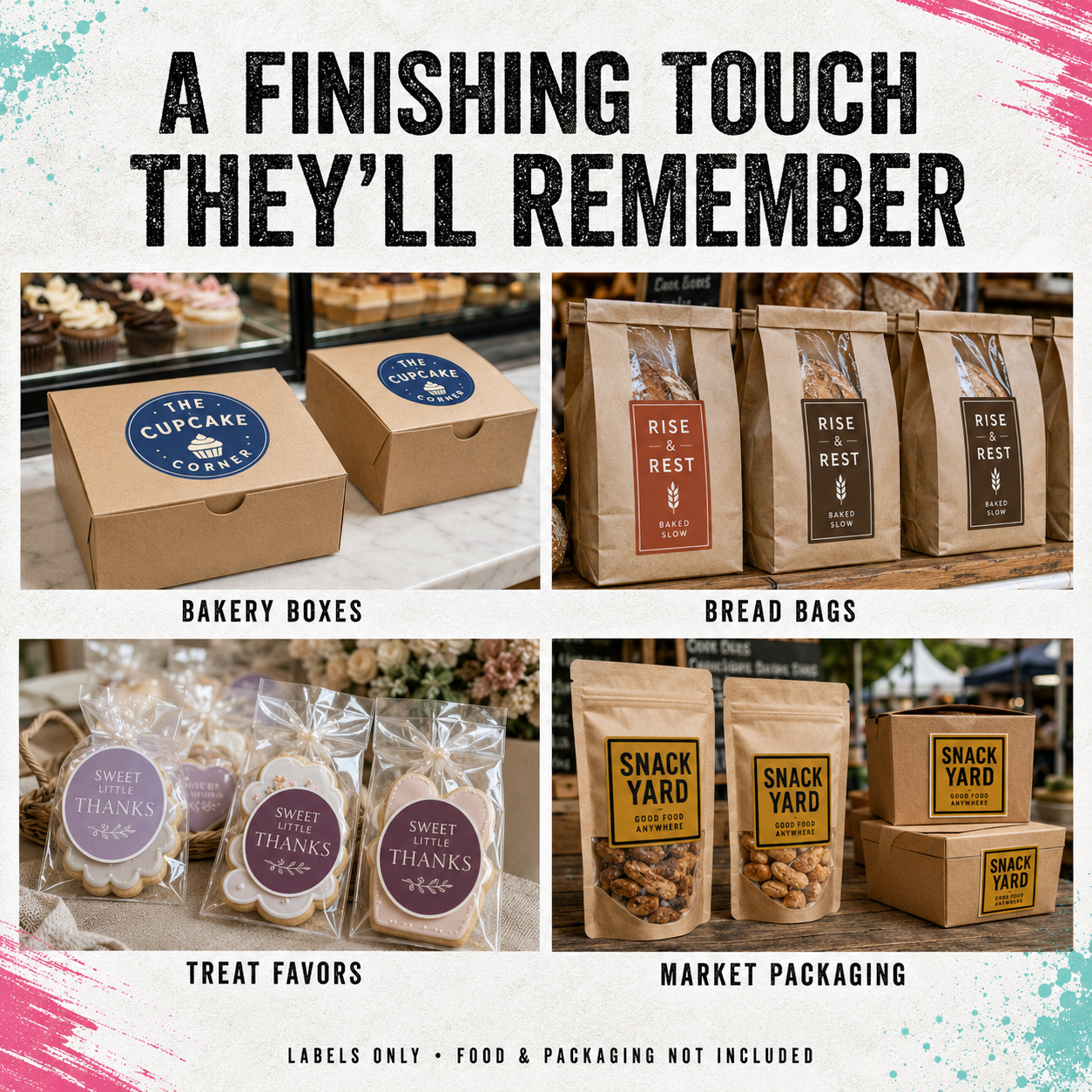 A promotional collage for custom food packaging labels, showing examples of bakery boxes, bread bags, treat favors, and market packaging with sample labels. The top text reads 'A FINISHING TOUCH THEY'LL REMEMBER' on a white background with paint splatter accents.