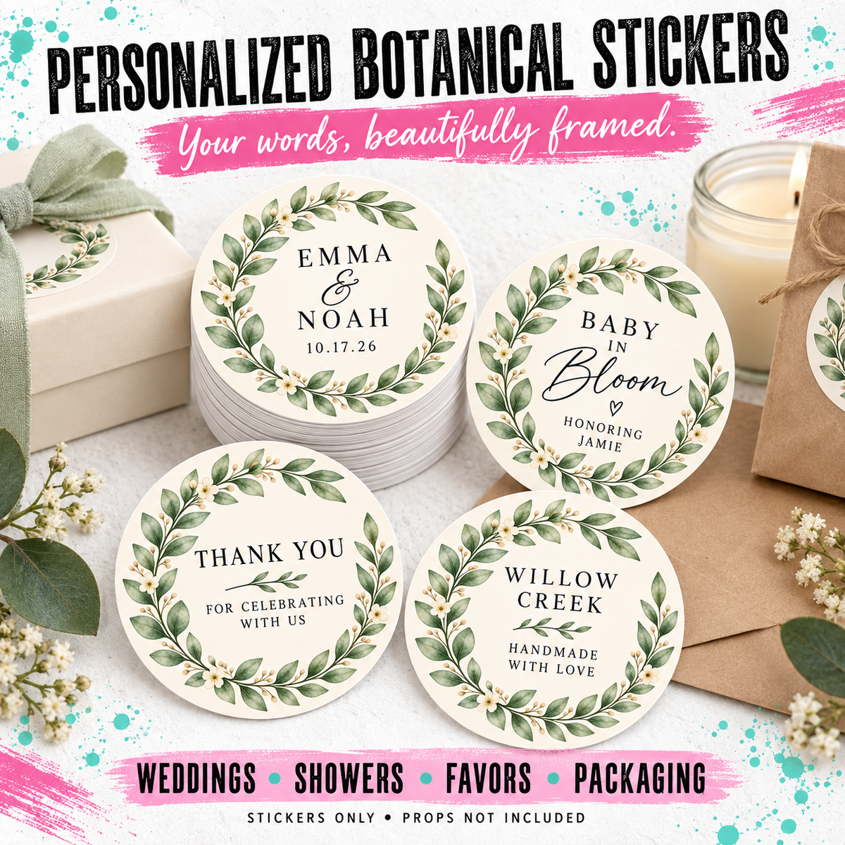 Personalized botanical round stickers displayed on a styled flat-lay with a gift box, candle, and envelopes. The stickers feature green leaf wreaths with small white flowers and customizable black text on an off-white background.