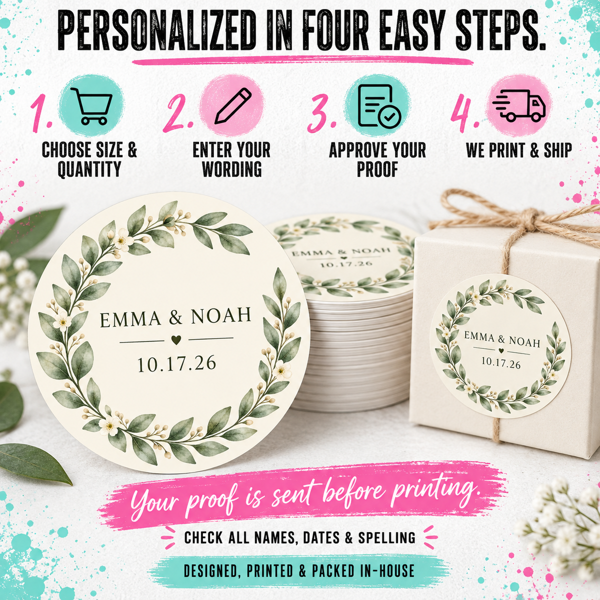Personalized round and square gift box labels with a green leaf wreath design and the names 'EMMA & NOAH' and the date '10.17.