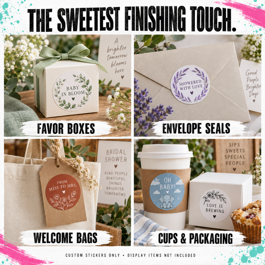 A promotional collage showing custom round and oval sticker designs applied to favor boxes, envelopes, welcome bags, and cups. The top text reads 'THE SWEETEST FINISHING TOUCH.