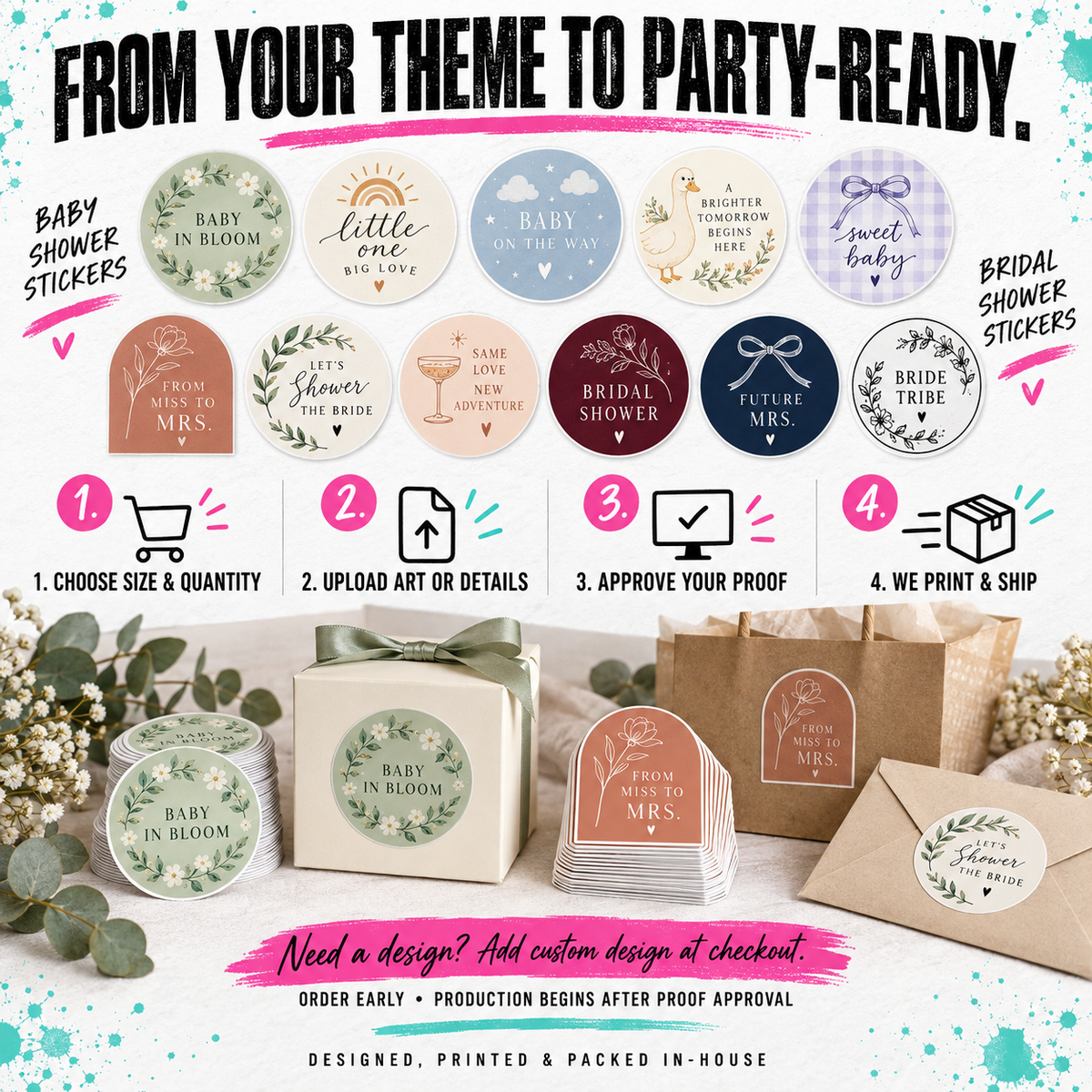 Promotional graphic for a custom printable sticker service showing sample round bridal shower and baby shower stickers, plus printed packaging examples with matching labels and envelopes. Text reads 'FROM YOUR THEME TO PARTY-READY.