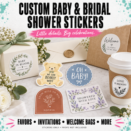 Custom baby and bridal shower stickers displayed on a styled flat-lay with a gift box, envelope, kraft paper bag, coffee cup, and floral props. The stickers include designs such as a teddy bear reading 'We Can Bearly Wait', a blue scalloped circle reading 'Oh Baby!', a terracotta arch reading 'From Miss to Miss Sophia', and a lavender card reading 'Showered with Love'.