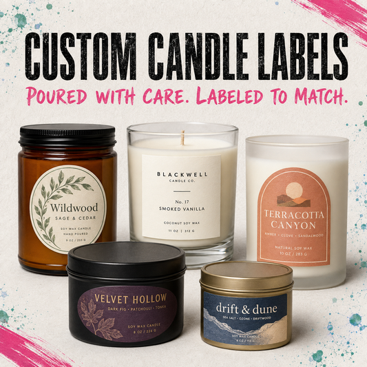 Five custom soy wax candles in different glass and metal containers are displayed against a textured off-white background with paint splatters. Above the products, bold text reads 'CUSTOM CANDLE LABELS' and 'POURED WITH CARE.