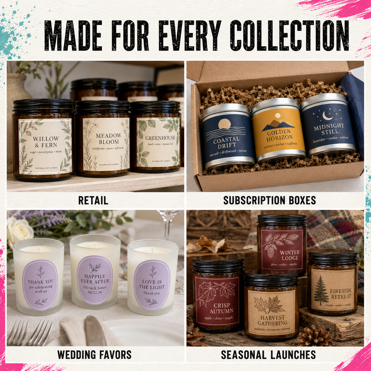 A promotional collage with the headline 'MADE FOR EVERY COLLECTION' showing multiple candle products and gift box examples across four labeled sections: retail candles, subscription boxes, wedding favors, and seasonal launches.
