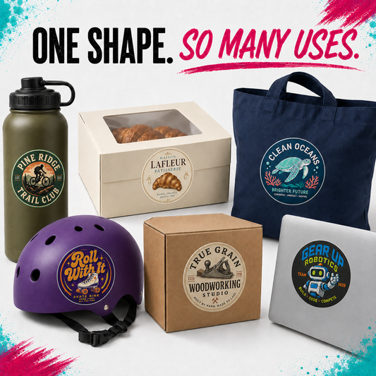 A promotional collage showing multiple branded products with matching circular stickers: an olive green water bottle, a cream pastry box, a navy tote bag, a purple helmet, a kraft box, and a white laptop sleeve. Large text at the top reads 'ONE SHAPE.