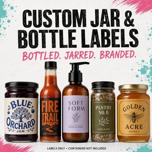 Custom jar and bottle labels shown with five sample containers on a white background with pink and teal paint-splatter accents. Large text reads 'CUSTOM JAR & BOTTLE LABELS' and 'BOTTLED.