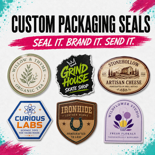 Custom packaging seal design template shown with six example seal logos and large text reading 'CUSTOM PACKAGING SEALS' and 'SEAL IT. BRAND IT.