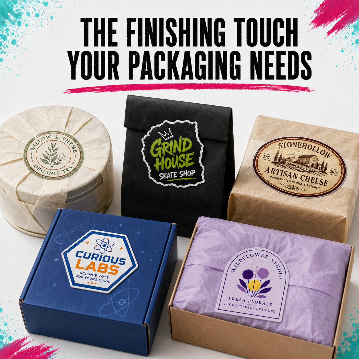 Five branded packaging boxes and wrapped items arranged together on a white background with decorative paint splashes and the headline 'THE FINISHING TOUCH YOUR PACKAGING NEEDS.' Visible products include a beige tea box, a black Grind House Skate Shop pouch, a Stonehollow Artisan Cheese bag, a blue Curious Labs box, and a lavender Woodflower Studio gift box.