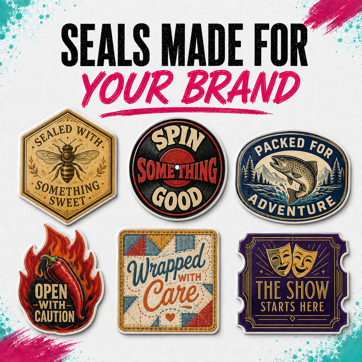 Six customizable vintage-style seal badges arranged on a white background with paint splatter accents. Large text at the top reads 'SEALS MADE FOR YOUR BRAND.