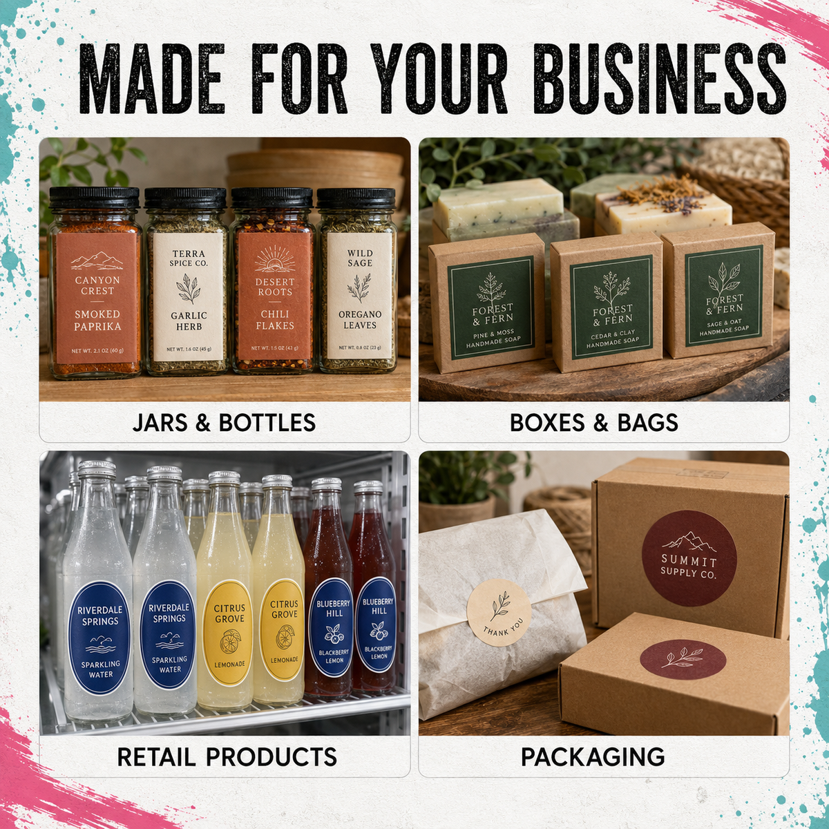 Promotional collage for a business bundle featuring four categories: Jars & Bottles, Boxes & Bags, Retail Products, and Packaging. The top banner reads 'MADE FOR YOUR BUSINESS' in bold black text.