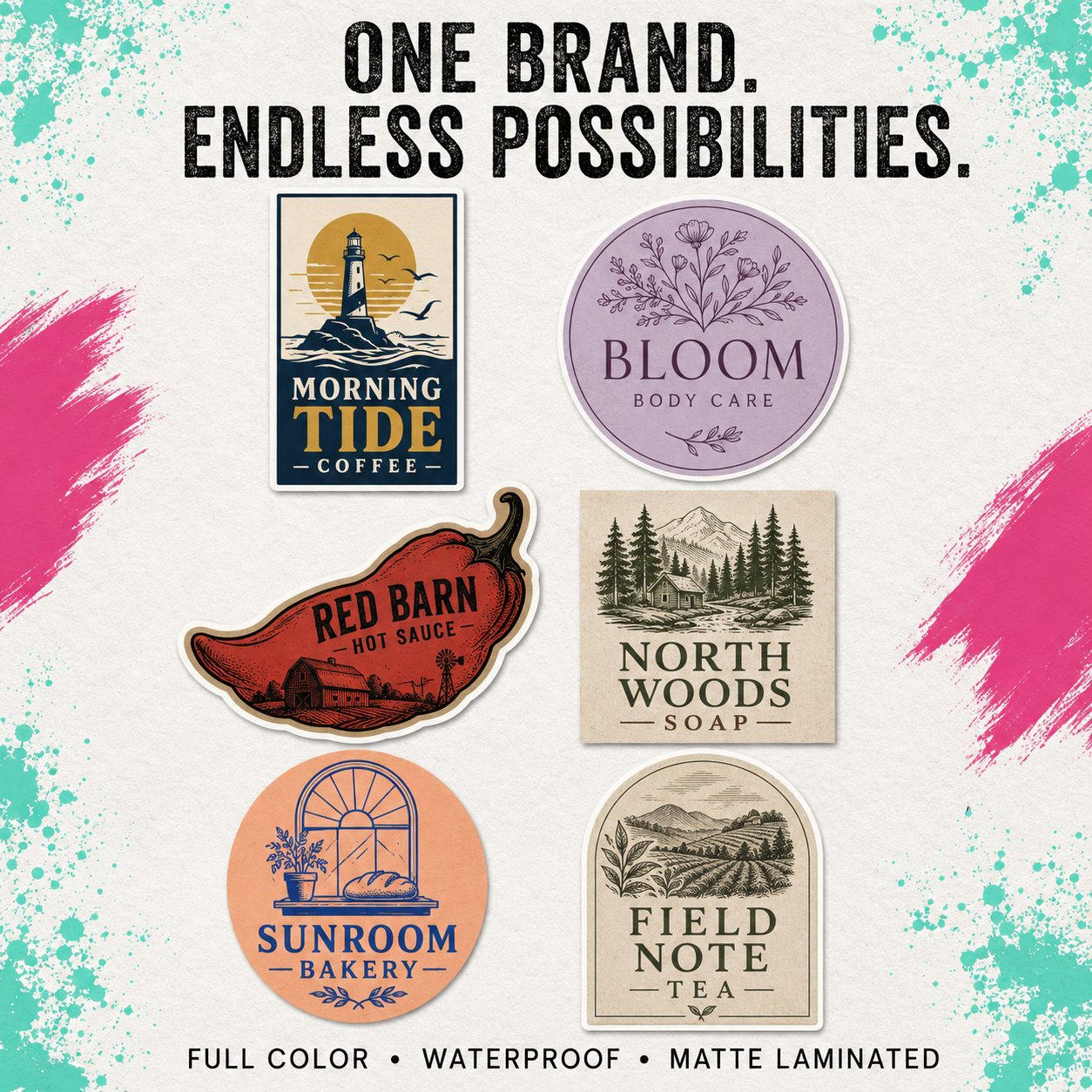 Six sample logo stickers with different designs and colors are arranged on a textured white background with decorative paint strokes. The top text reads 'ONE BRAND.