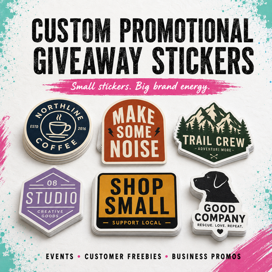 Custom promotional giveaway stickers displayed on a white background with a light teal and pink paint-splatter design. The text at the top reads 'CUSTOM PROMOTIONAL GIVEAWAY STICKERS' with the tagline 'Small stickers.