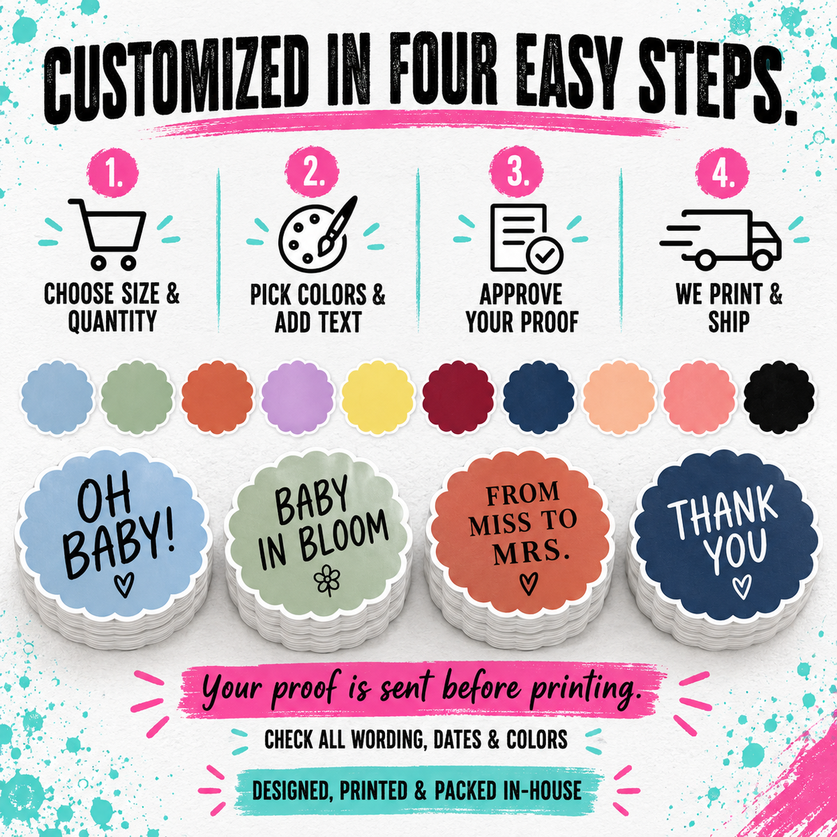 Customizable Scalloped Stickers | Custom Color & Text Labels
