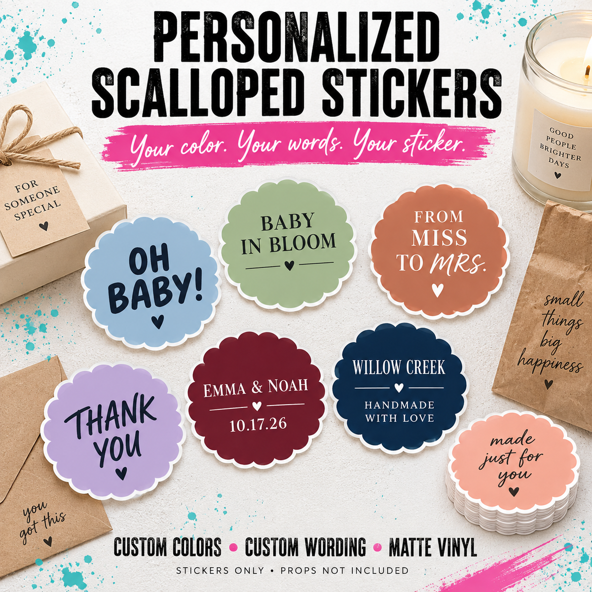 Customizable Scalloped Stickers | Custom Color & Text Labels
