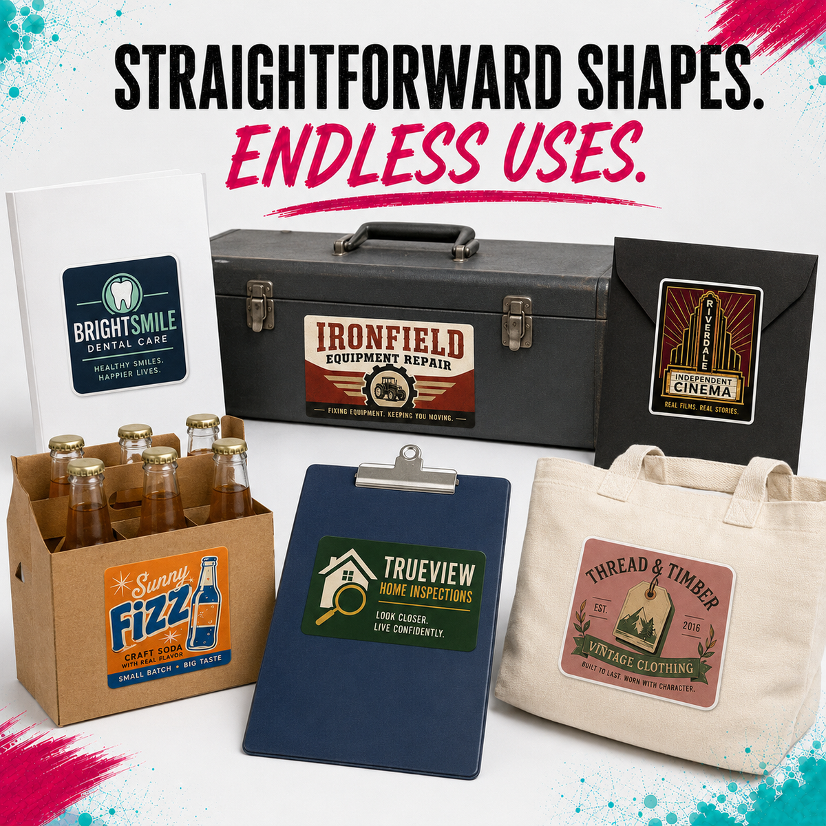 A promotional collage showing multiple customizable printed packaging and accessory items on a white background with colorful paint splashes. Visible items include a black hard case, a black envelope-style pouch, a cardboard beverage carrier with bottled drinks, a blue clipboard, and a cream canvas tote bag.