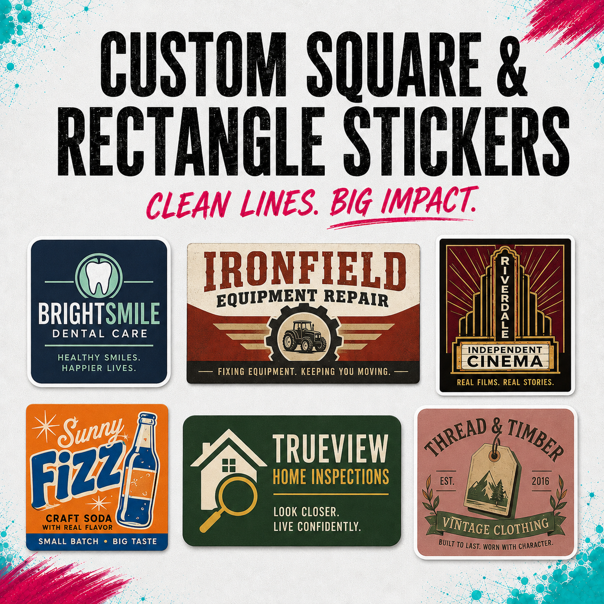 A promotional graphic for custom square and rectangle stickers, showing six example sticker designs with bold text and colorful backgrounds on a light textured backdrop with paint splatter accents.