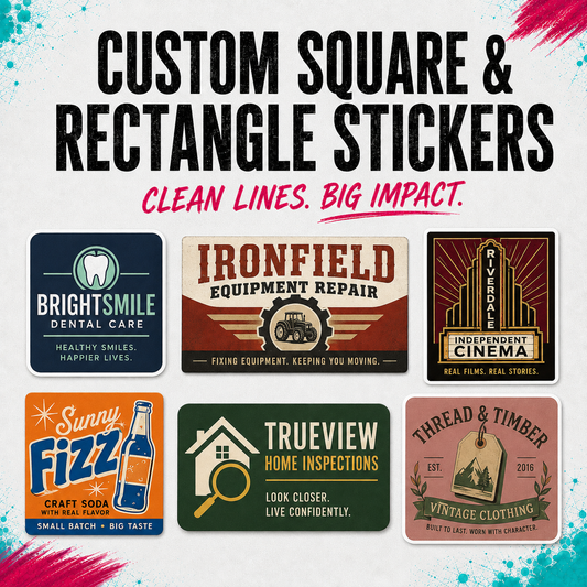 A promotional graphic for custom square and rectangle stickers, showing six example sticker designs with bold text and colorful backgrounds on a light textured backdrop with paint splatter accents.