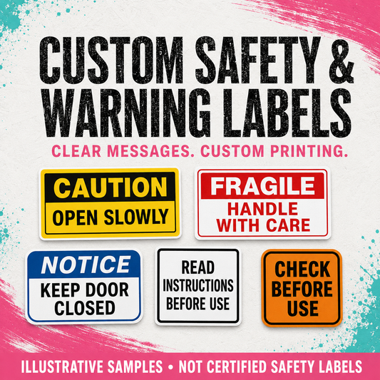 Custom safety and warning labels shown as six sample stickers on a white background with pink and teal paint splashes. The labels include yellow, red, blue, white, and orange options with text such as 'CAUTION OPEN SLOWLY,' 'FRAGILE HANDLE WITH CARE,' 'NOTICE KEEP DOOR CLOSED,' 'READ INSTRUCTIONS BEFORE USE,' and 'CHECK BEFORE USE.