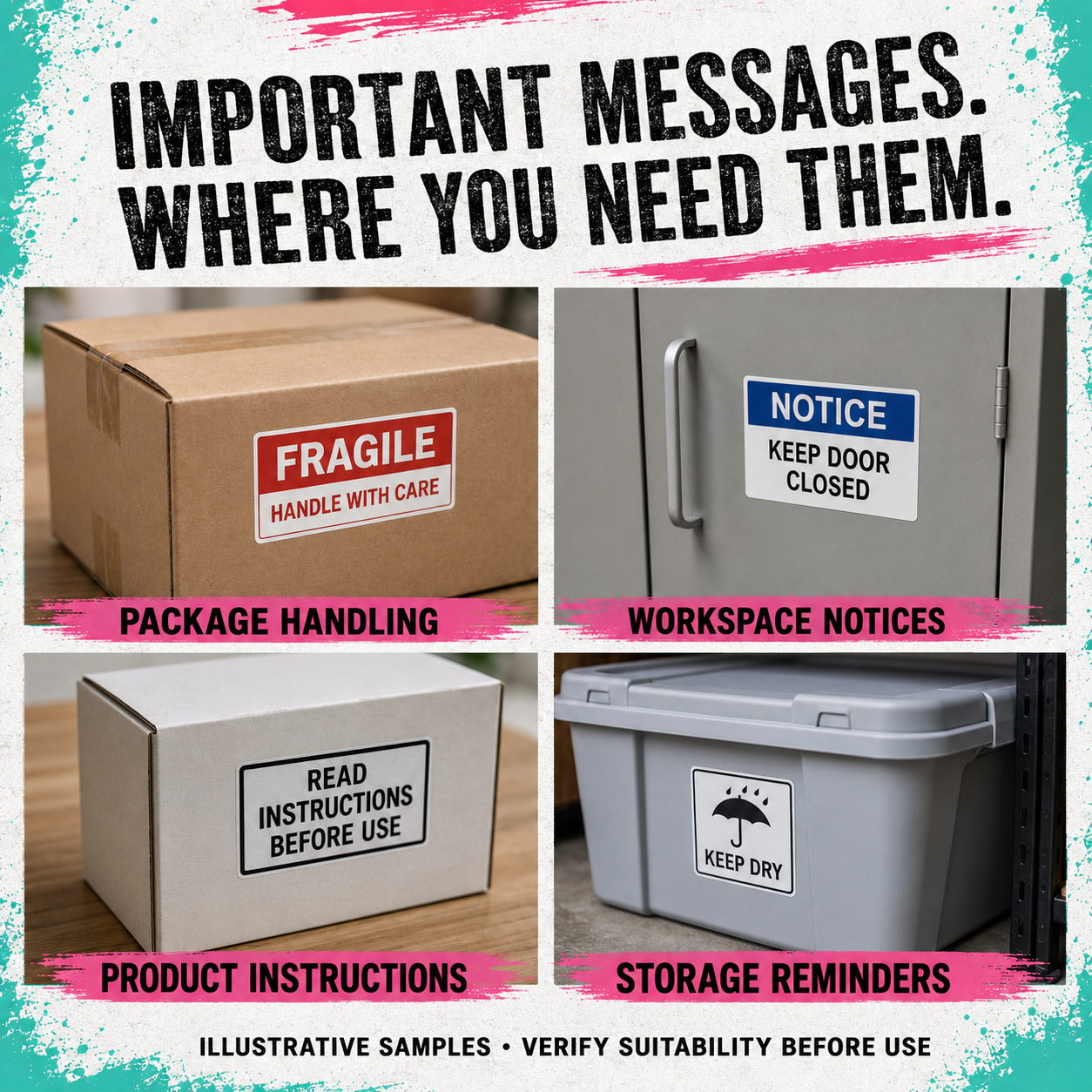 A promotional collage showing four examples of printed message labels/stickers applied to different objects: a cardboard box marked FRAGILE, a gray door marked NOTICE, a box marked READ INSTRUCTIONS BEFORE USE, and a gray storage bin marked KEEP DRY. Large headline text at the top reads 'IMPORTANT MESSAGES.