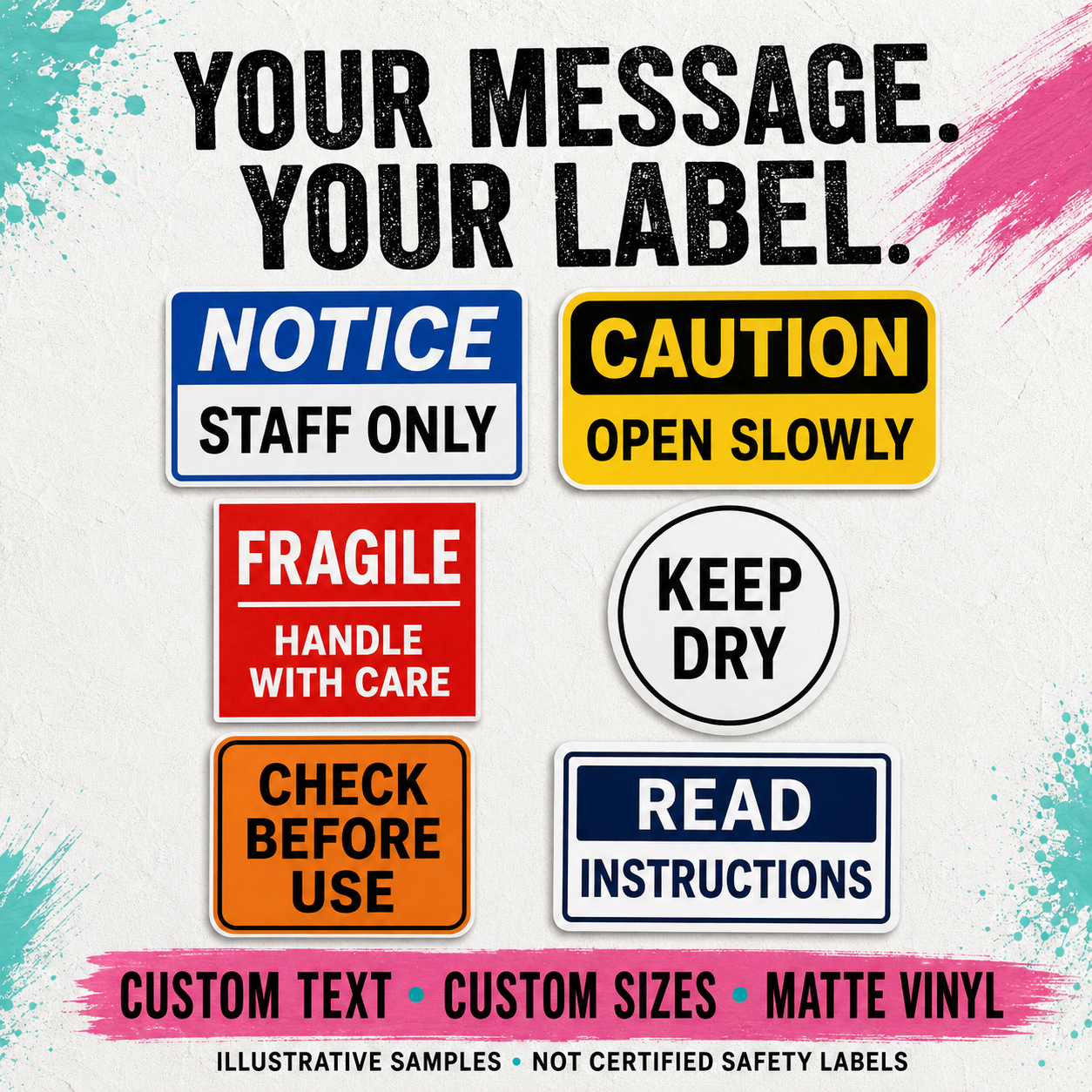 A promotional graphic showing six sample safety-style label designs with text such as NOTICE STAFF ONLY, CAUTION OPEN SLOWLY, FRAGILE HANDLE WITH CARE, CHECK BEFORE USE, KEEP DRY, and READ INSTRUCTIONS. Large headline text at the top reads 'YOUR MESSAGE.