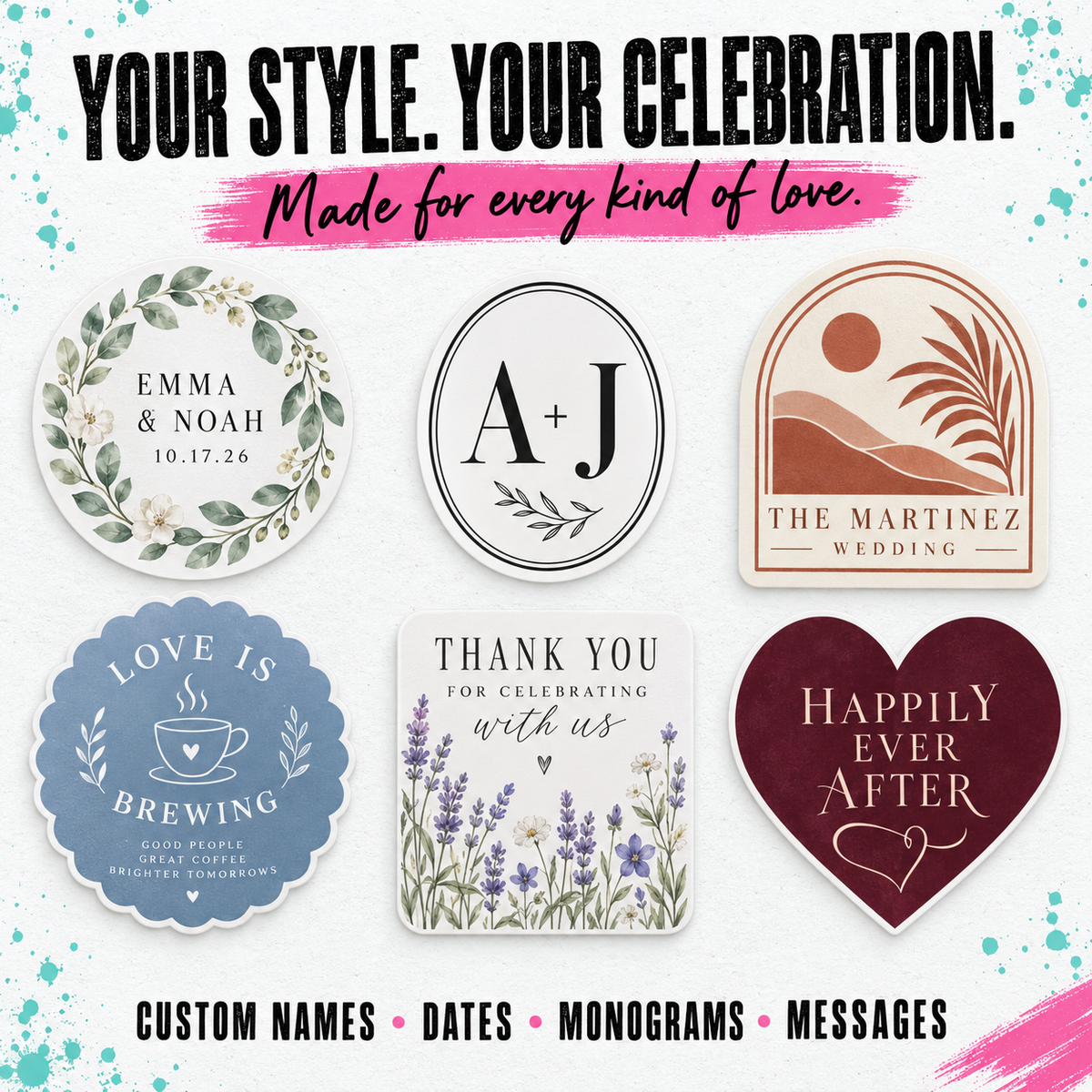 Six personalized sticker designs arranged on a white background with decorative text at the top and bottom. The stickers include floral wreaths, monogrammed initials, a landscape logo, a blue coffee-themed badge, a lavender floral thank-you, and a dark red heart-shaped 'Happily Ever After' sticker.