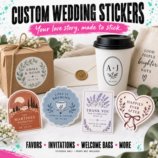 Custom wedding stickers displayed with sample applications including a kraft gift box, a coffee cup, an envelope, and a tote bag. The image shows multiple sticker designs with floral and script motifs, along with promotional text for favors, invitations, and welcome bags.
