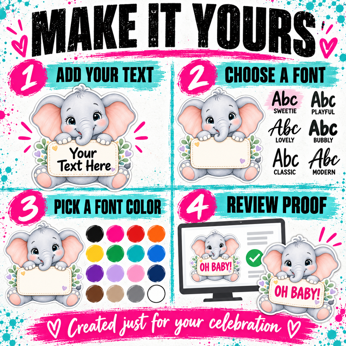 A digital graphic template showing a 4-step guide for personalizing an elephant-themed invitation or sticker. The graphic features a cute cartoon gray elephant holding a blank sign in each step.