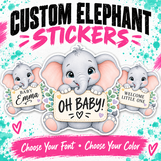 Custom elephant stickers shown on a white background with teal paint splatter accents. The center sticker features a cute gray baby elephant holding a sign that says 'OH BABY!'.
