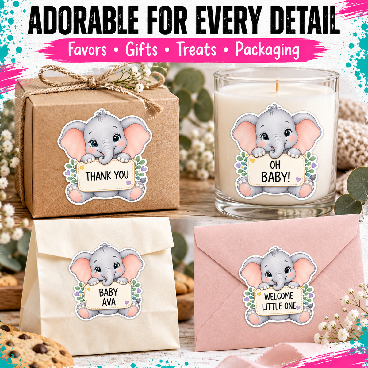 Custom baby shower favor stickers featuring a cute cartoon elephant holding a sign, shown applied to a kraft gift box, a white candle, a cream paper bag, and a pink envelope. The image includes promotional text at the top and decorative baby shower props like cookies, flowers, and a blanket.