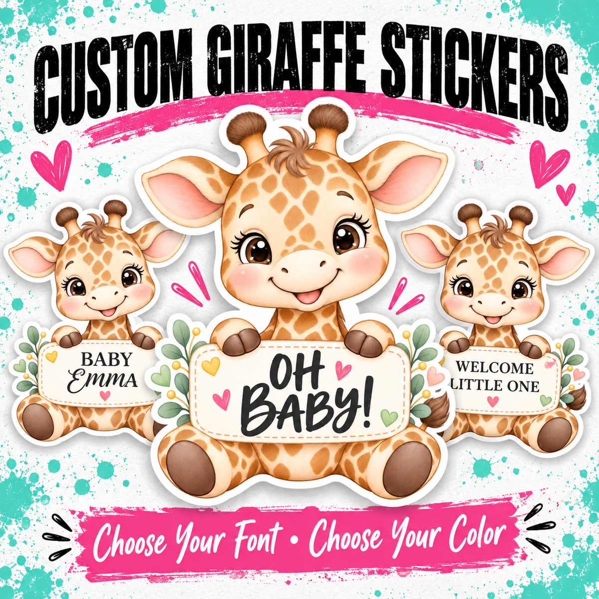 Personalized Giraffe Baby Shower Stickers | Custom Baby Name Favor Labels | Choose Your Font and Text Color