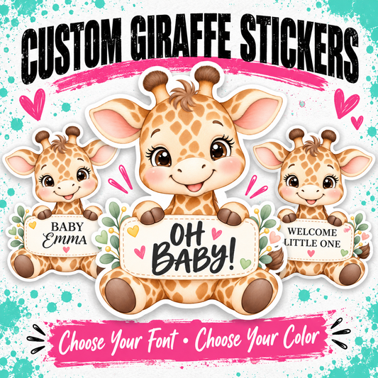 Personalized Giraffe Baby Shower Stickers | Custom Baby Name Favor Labels | Choose Your Font and Text Color