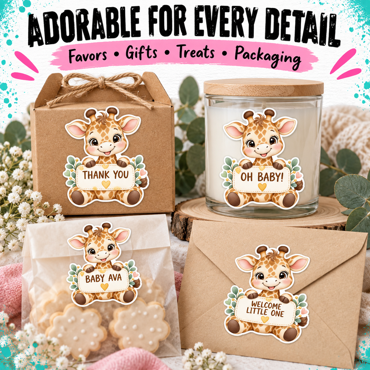 Personalized Giraffe Baby Shower Stickers | Custom Baby Name Favor Labels | Choose Your Font and Text Color