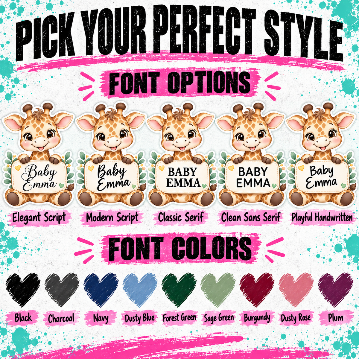 Personalized Giraffe Baby Shower Stickers | Custom Baby Name Favor Labels | Choose Your Font and Text Color