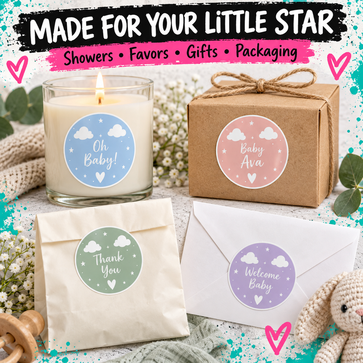 A set of baby shower favors and gift packaging with round custom labels. The set includes a lit candle in a glass jar with a blue 'Oh Baby!' label, a brown kraft gift box with a 'Baby Ava' label, a cream paper bag with a green 'Thank You' label, and a white envelope with a purple 'Welcome Baby' label.