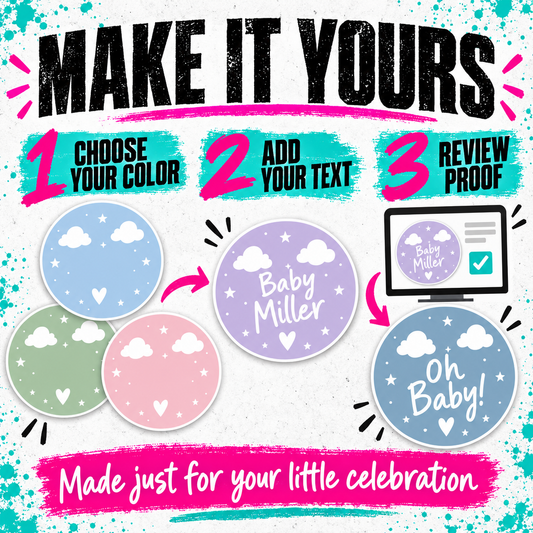 Promotional graphic for a customizable baby shower design service with the headline 'MAKE IT YOURS' and three illustrated steps: choose your color, add your text, and review proof. The design shows pastel cloud-and-heart balloons in blue, green, pink, and lavender, plus a computer screen preview.
