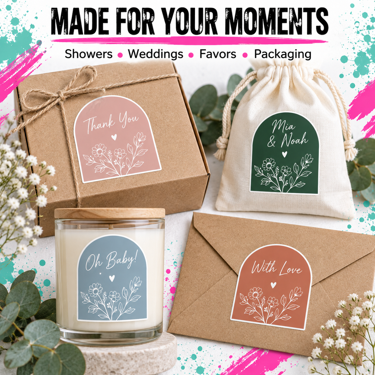 Customizable gift packaging labels shown on a candle jar, kraft gift box, drawstring pouch, and envelope, with the text 'MADE FOR YOUR MOMENTS' and examples for showers, weddings, favors, and packaging.