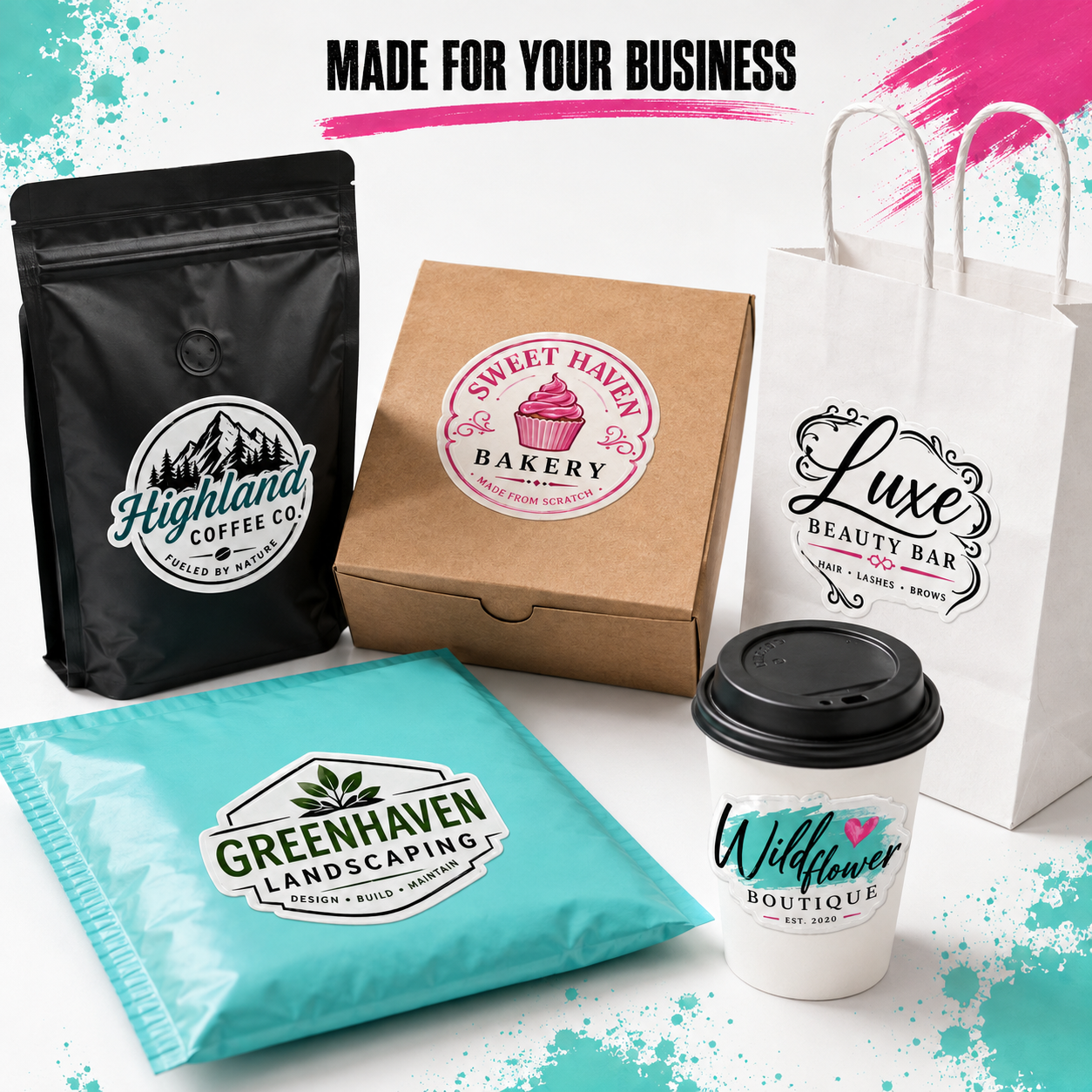 A set of custom printed business stationery and packaging supplies, including a black coffee bag, a brown bakery box, a white beauty bag, a teal landscaping mailer, and a white takeaway coffee cup, all featuring custom logo designs. The image is set against a white background with colorful paint splatters and the text 'MADE FOR YOUR BUSINESS' at the top.