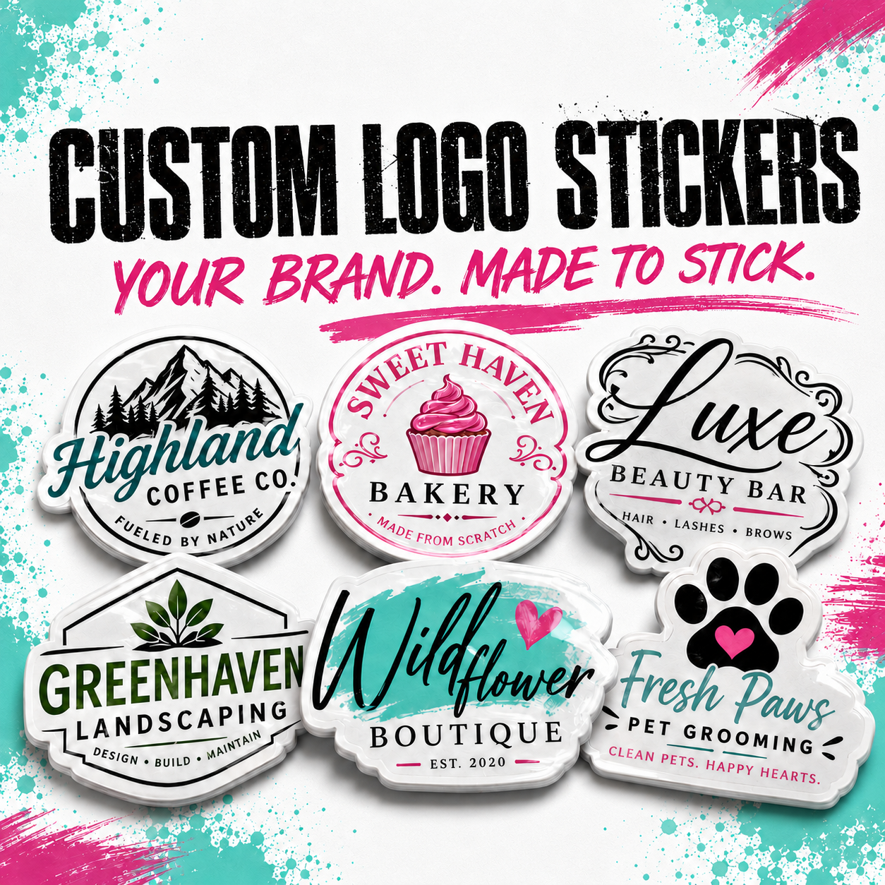 Six customizable logo sticker designs displayed on a white background with colorful paint splatter accents. Large text at the top reads 'CUSTOM LOGO STICKERS' and 'YOUR BRAND.